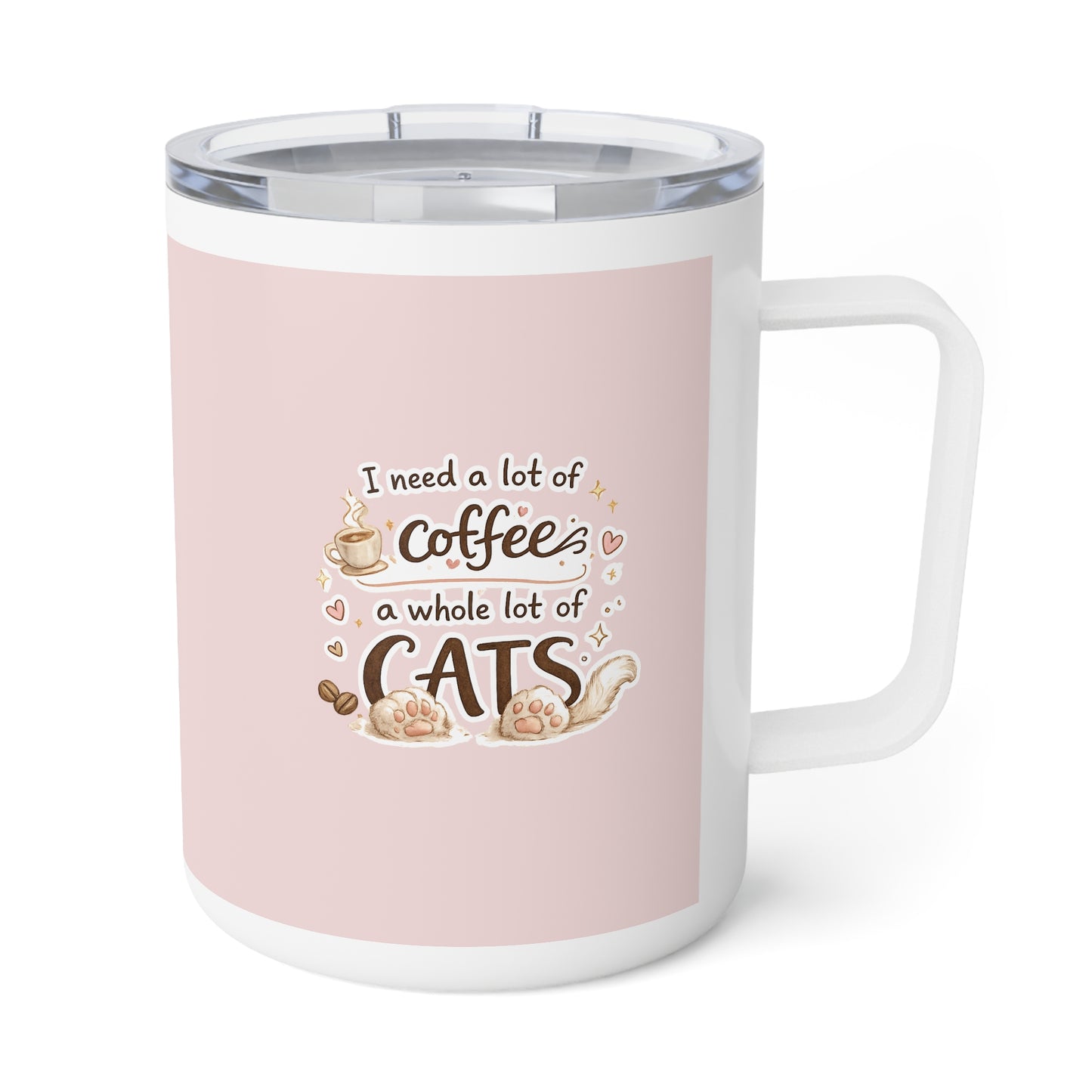 10oz Insulated Coffee Mug — Cute Gold Coffee Cup Design on Pink (Coffee Lover Gift)