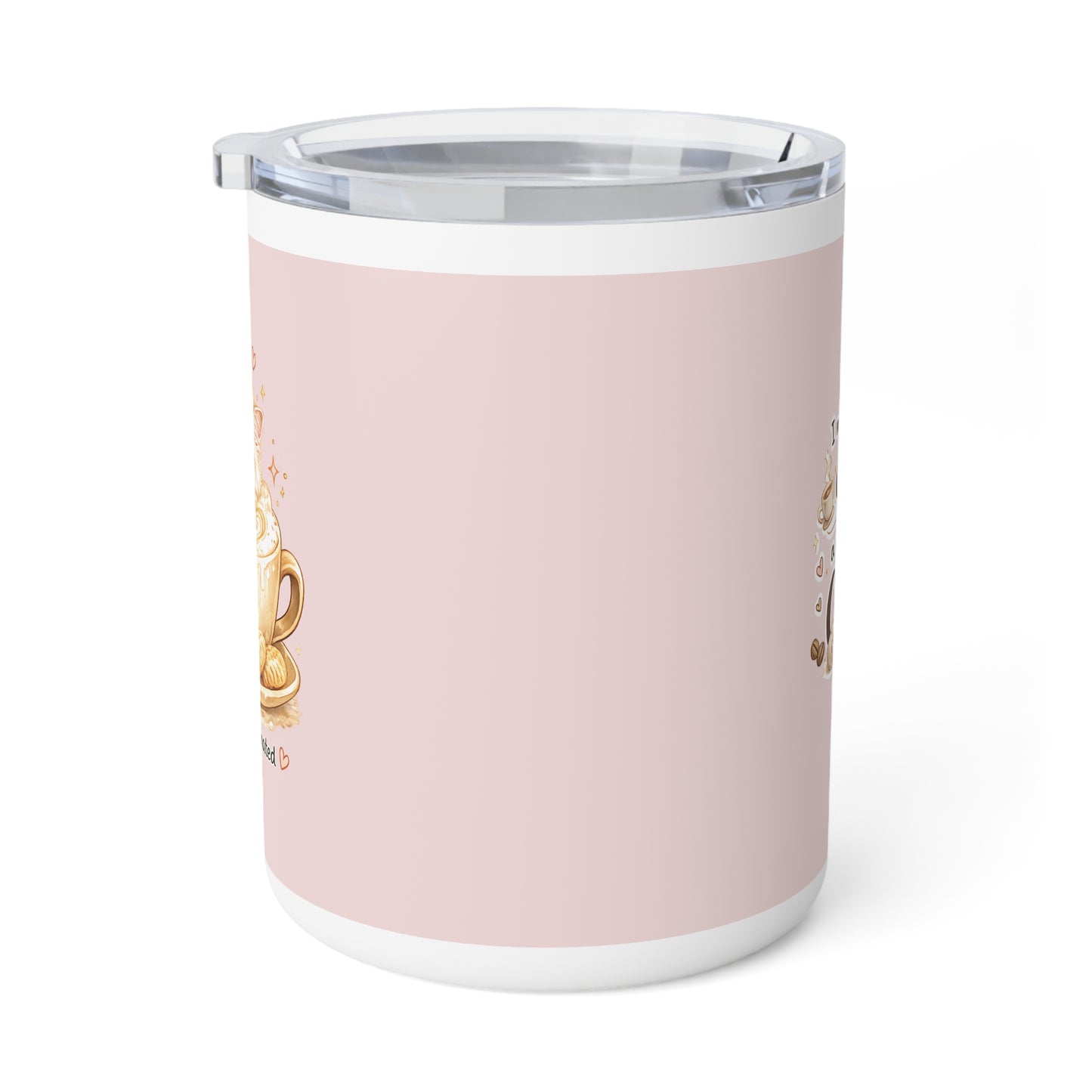 10oz Insulated Coffee Mug — Cute Gold Coffee Cup Design on Pink (Coffee Lover Gift)