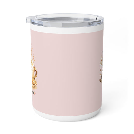 10oz Insulated Coffee Mug — Cute Gold Coffee Cup Design on Pink (Coffee Lover Gift)