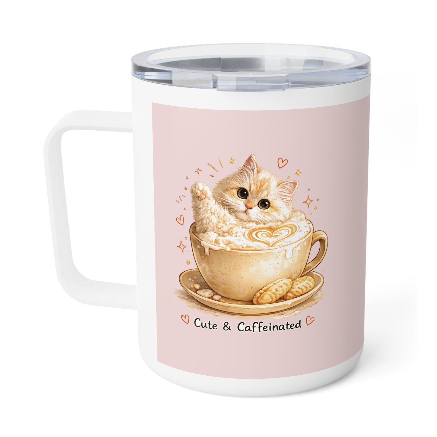 10oz Insulated Coffee Mug — Cute Gold Coffee Cup Design on Pink (Coffee Lover Gift)